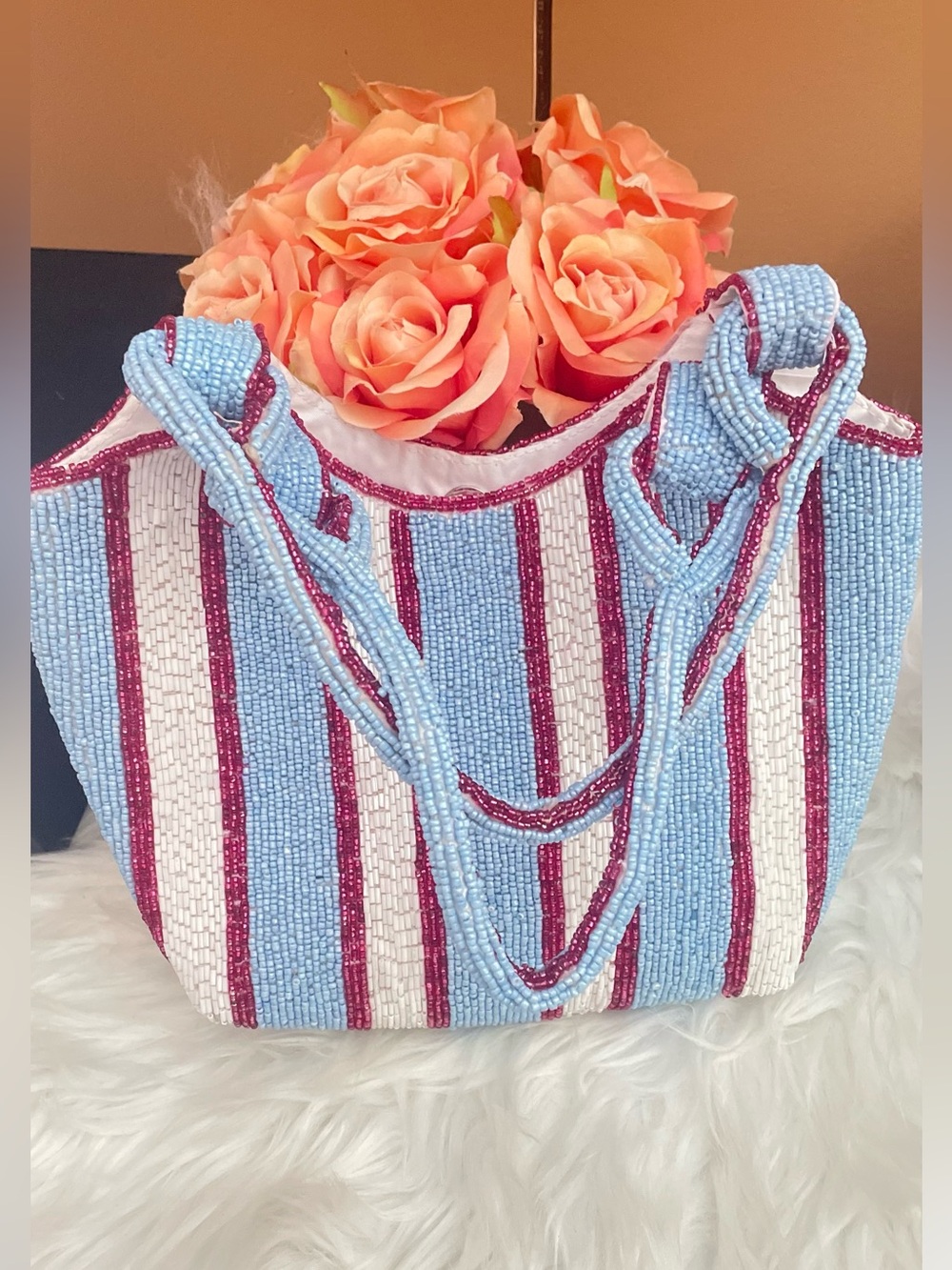 Striped Beaded Tote Bag in Light Blue, White & Pink